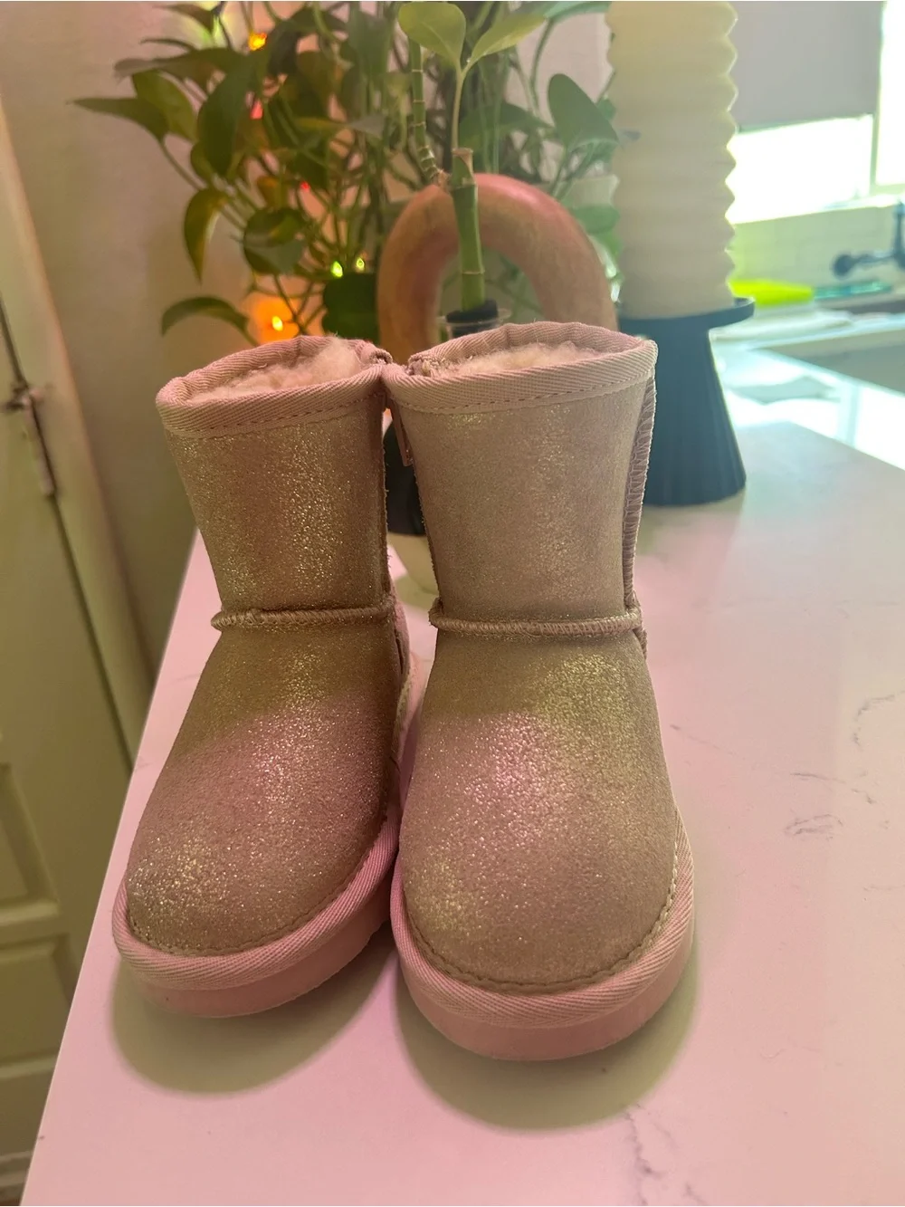 BearPaw Pink Glitter Faux-Suede Shearling Boots